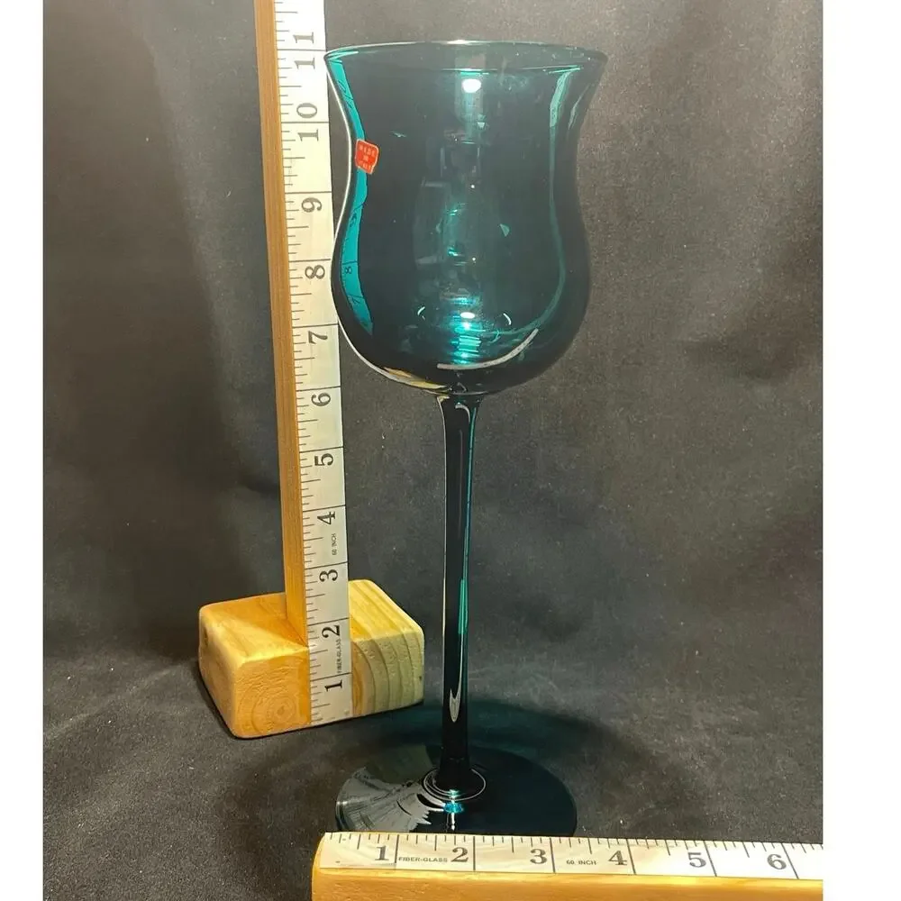 Hand Blown Tall Stem Wine Glass, Peacock Blue 11in.